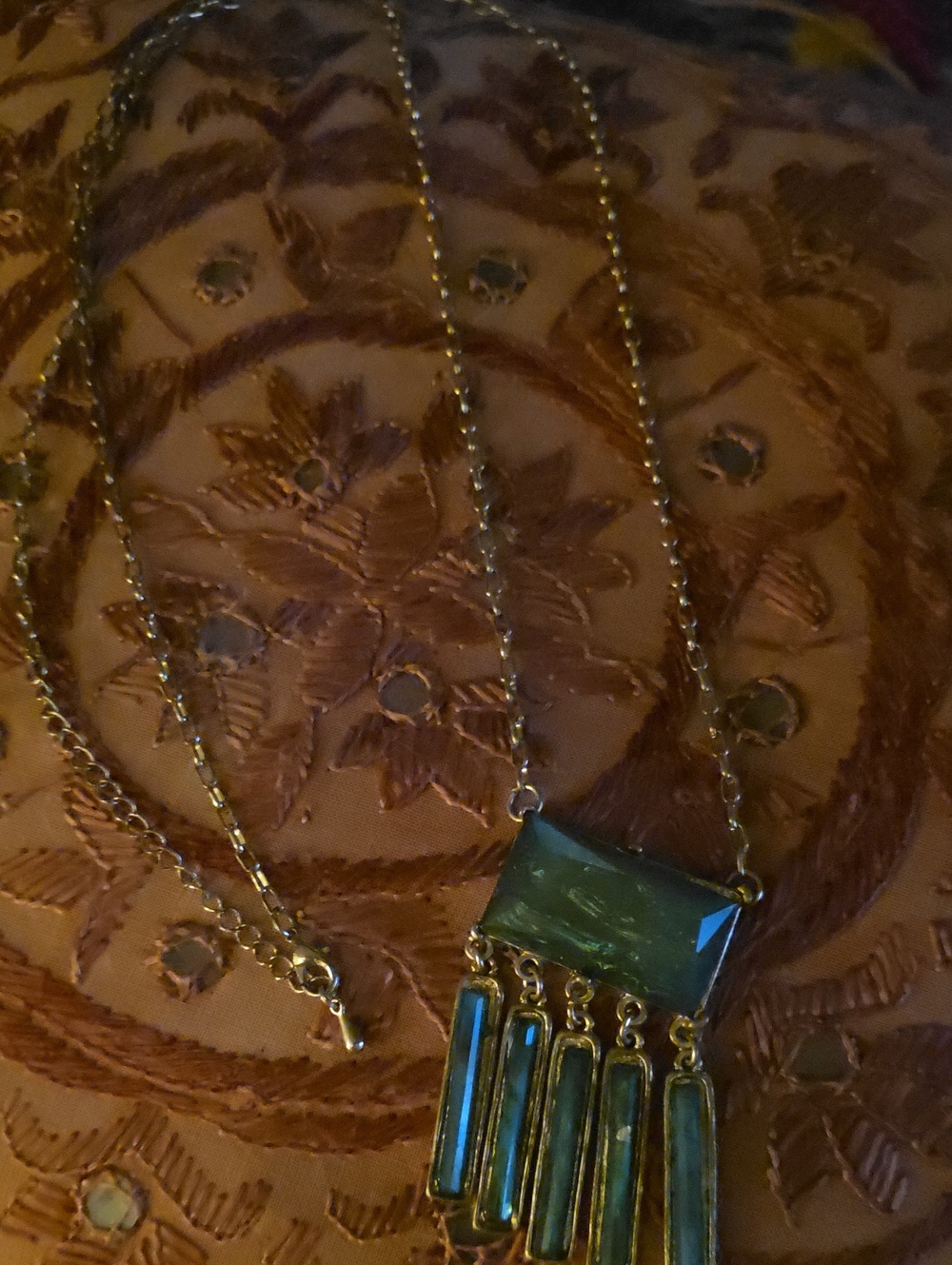 LOFT Gold-Tone Necklace with Green Rectangular Stone and Fringe Drops
